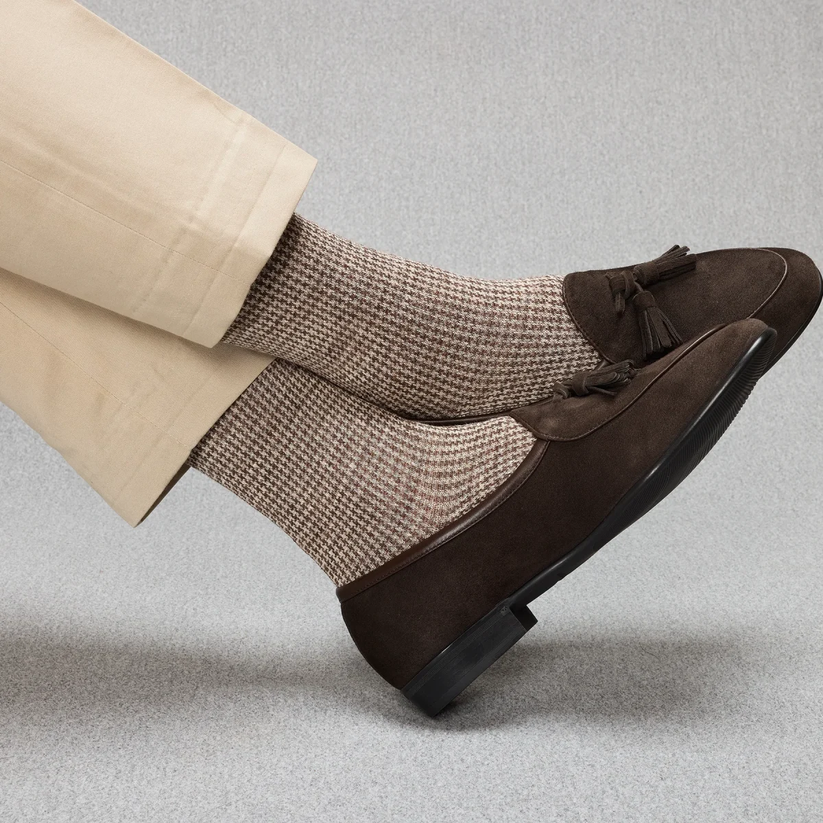 Knee-high by Mes Chaussettes Rouges / Brown & Beige Linen Houndstooth - Dk Brown, T39-41