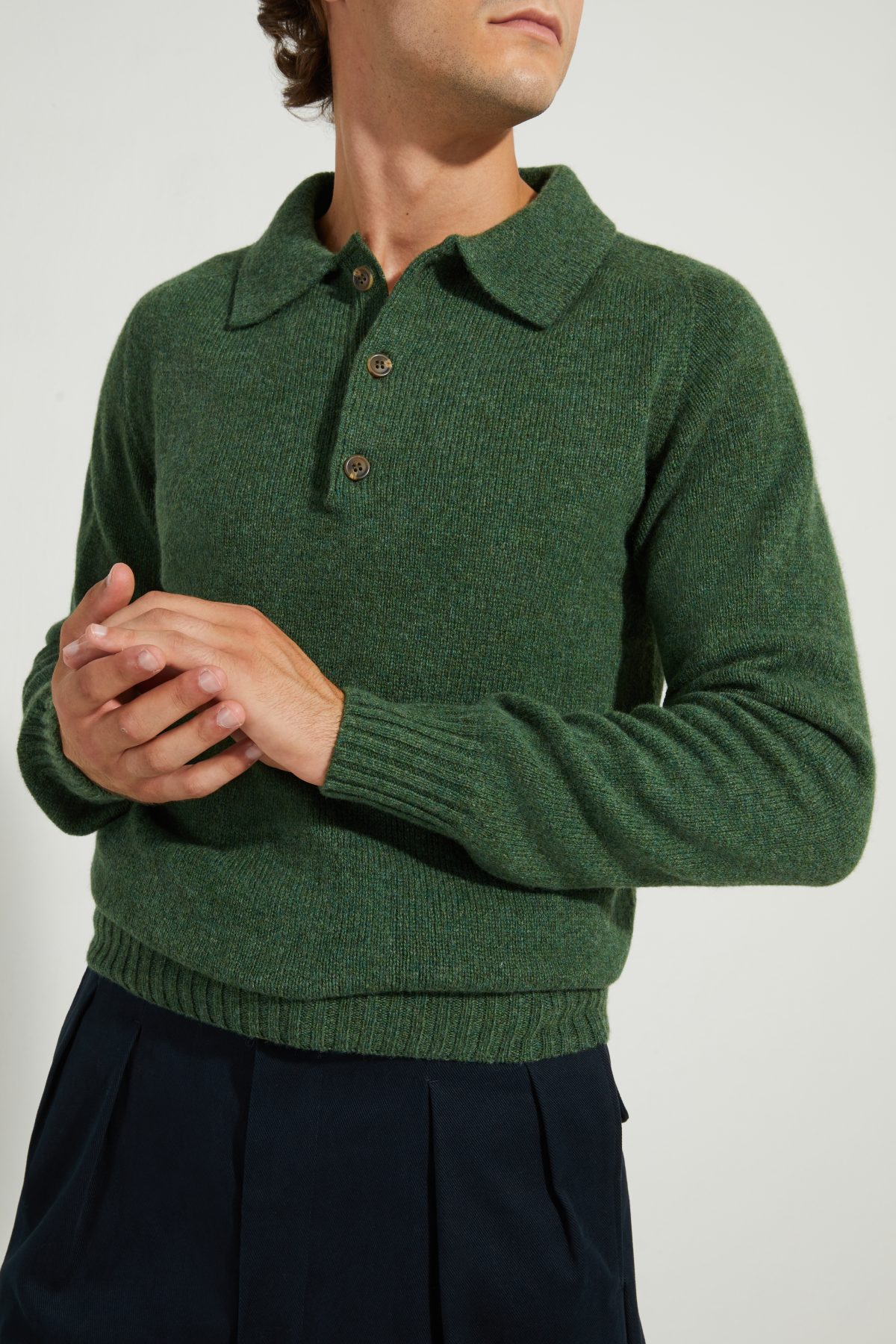 Knit Polo / Shetland Wool - Bottle Green, XL