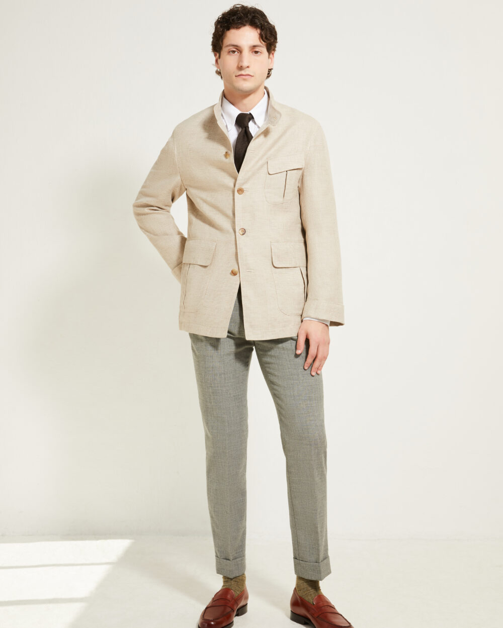 Flap-Pocket Maubourg Jacket / Wool & Linen Prince of Wales