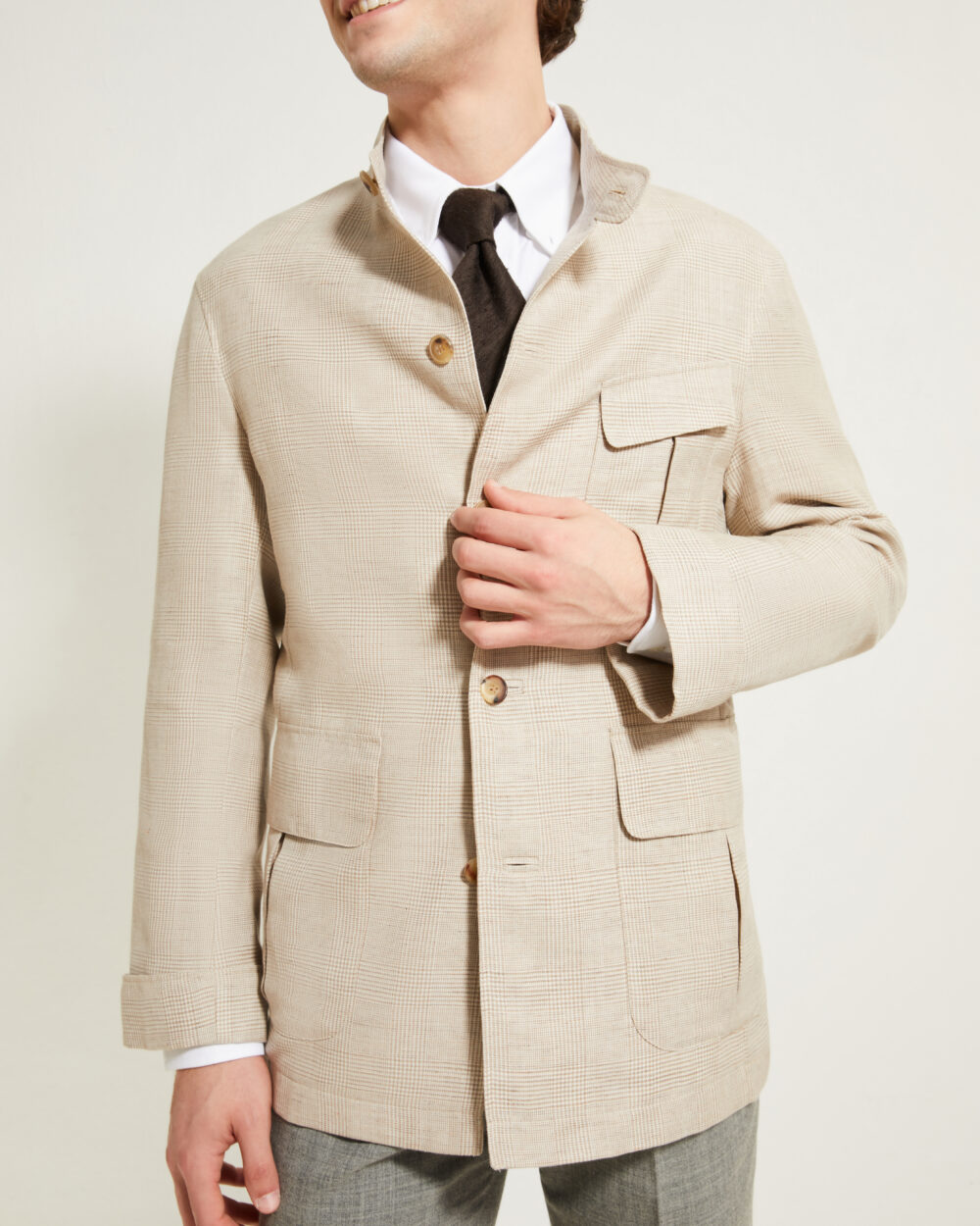Flap-Pocket Maubourg Jacket / Wool & Linen Prince of Wales