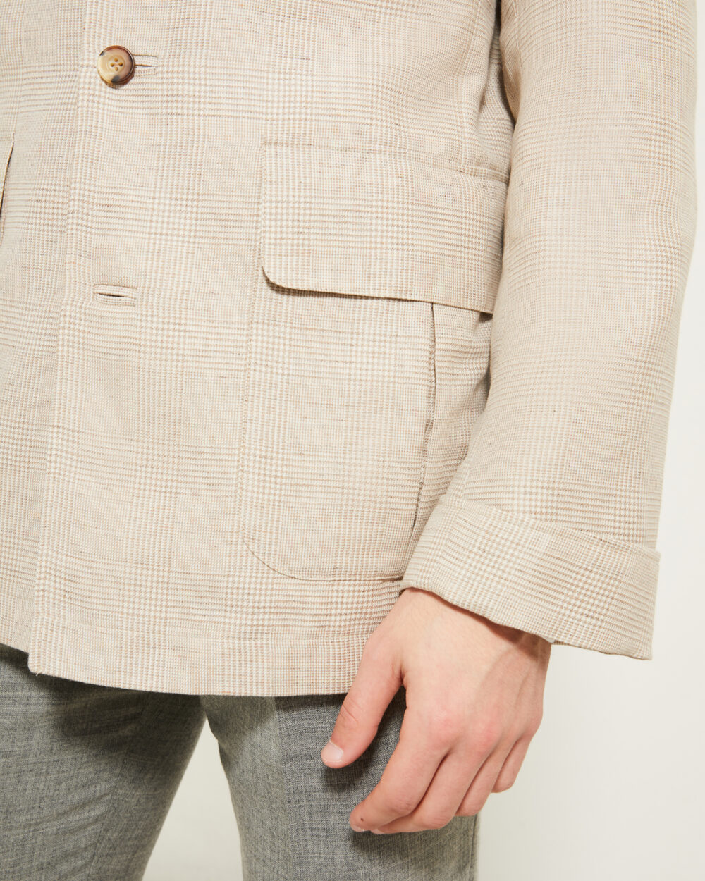 Flap-Pocket Maubourg Jacket / Wool & Linen Prince of Wales