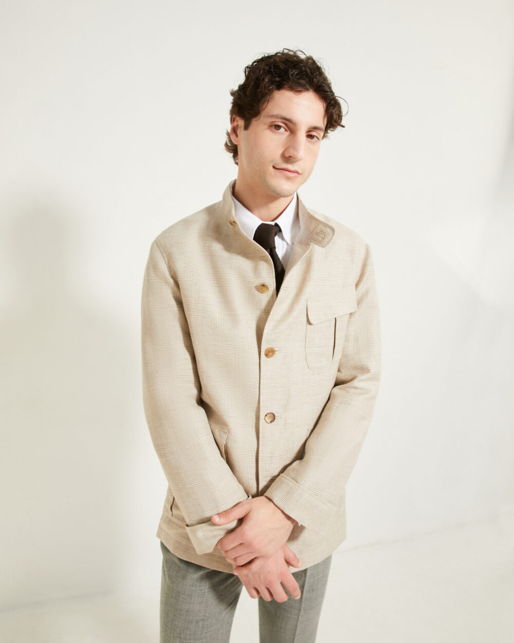 Flap-Pocket Maubourg Jacket / Wool & Linen Prince of Wales