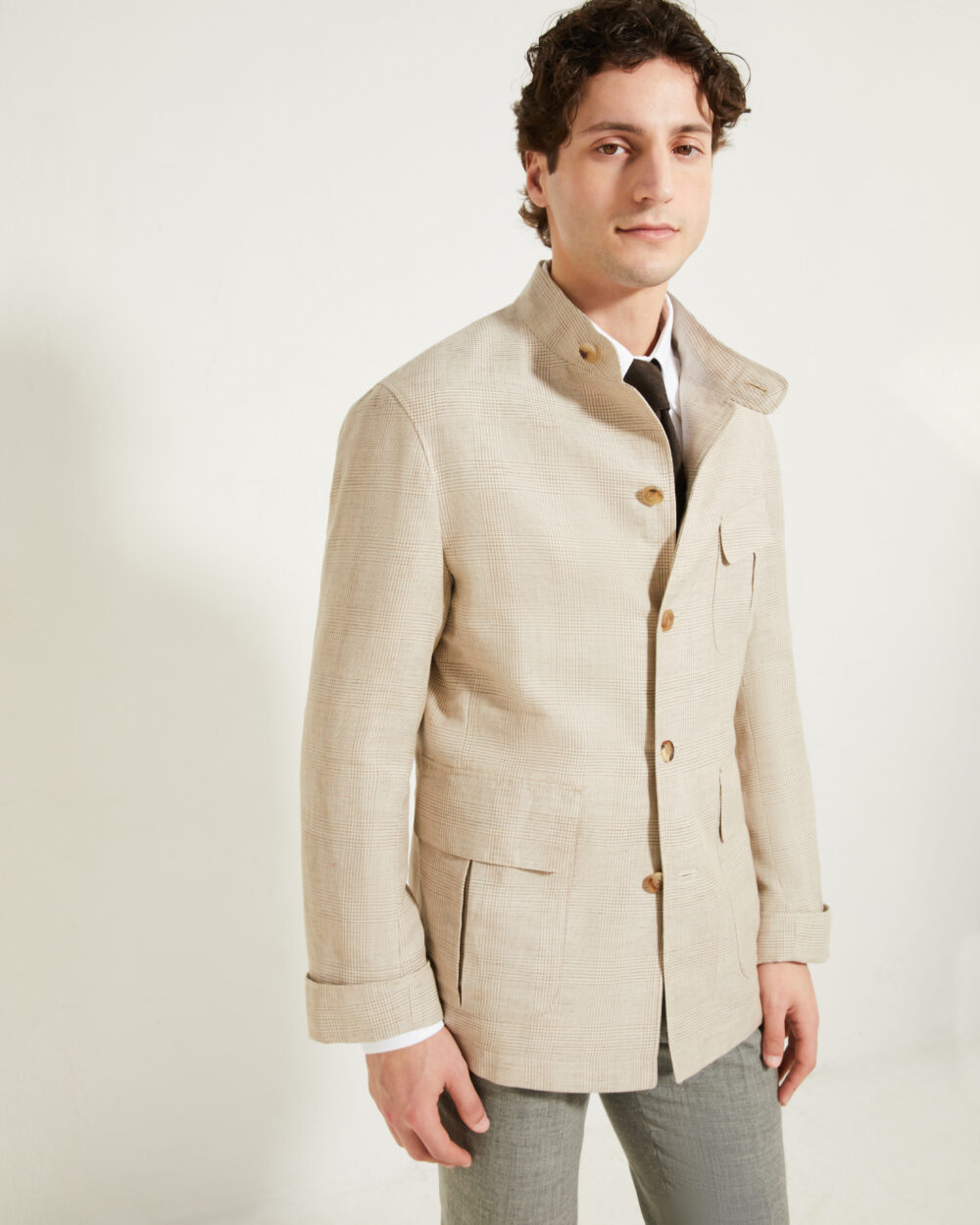 Flap-Pocket Maubourg Jacket / Wool & Linen Prince of Wales