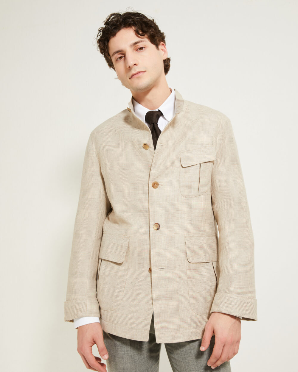 Flap-Pocket Maubourg Jacket / Wool & Linen Prince of Wales