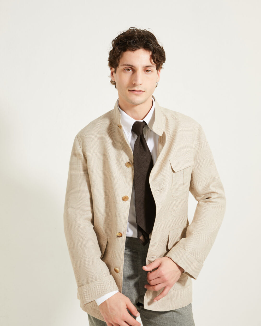 Flap-Pocket Maubourg Jacket / Wool & Linen Prince of Wales